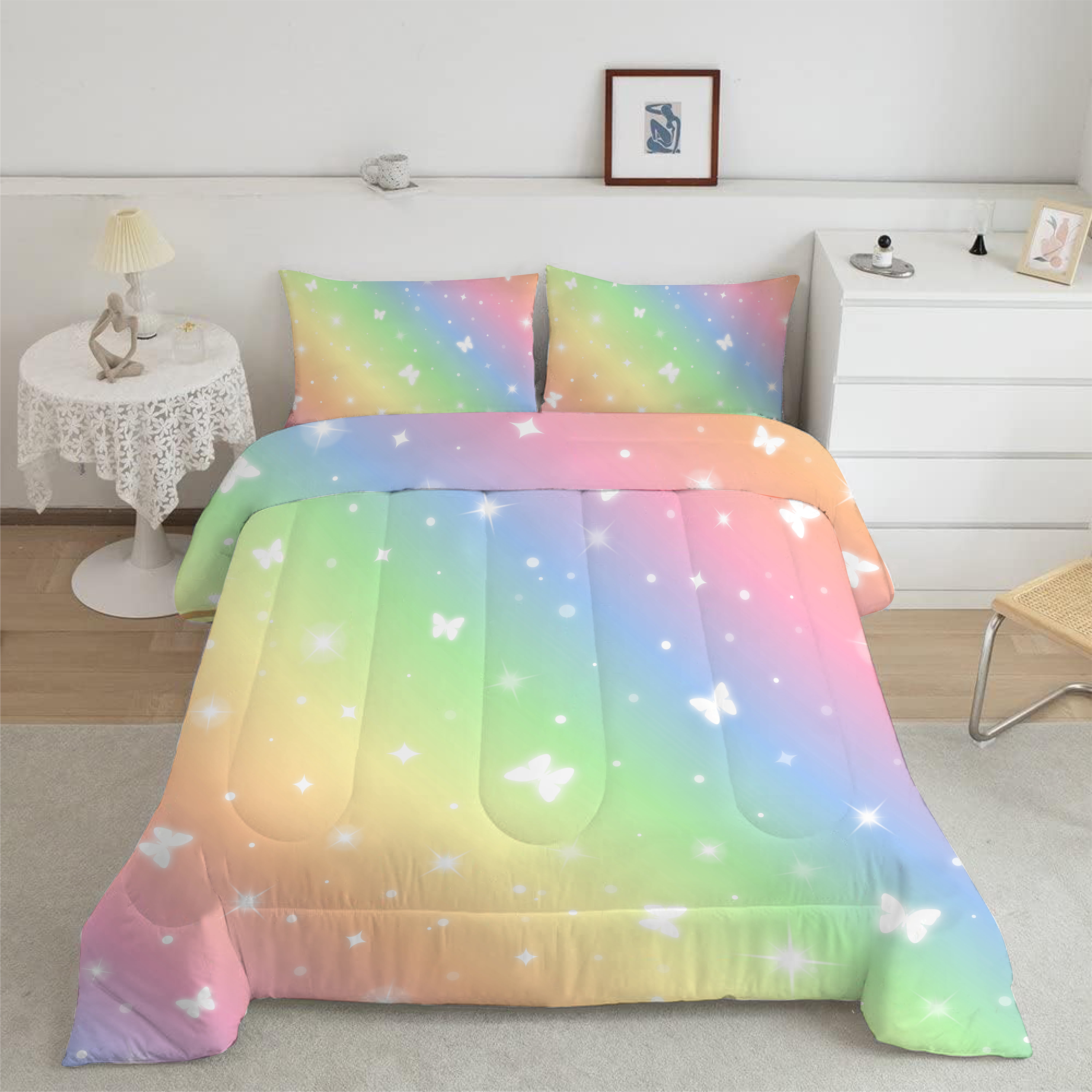 Psoiuetr Gradient Butterfly Glitter Bedding Set for Kids Girls Teens Twin Size Galaxy Rainbow Comforter Set Pink 3Pcs