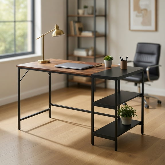 Resenkos 55 Inch Modern Industrial Style Study Writing Desk with 2 Storage Shelves-Brown, Home Office Desks, Gaming Computer Desks for Study,Working,Writing