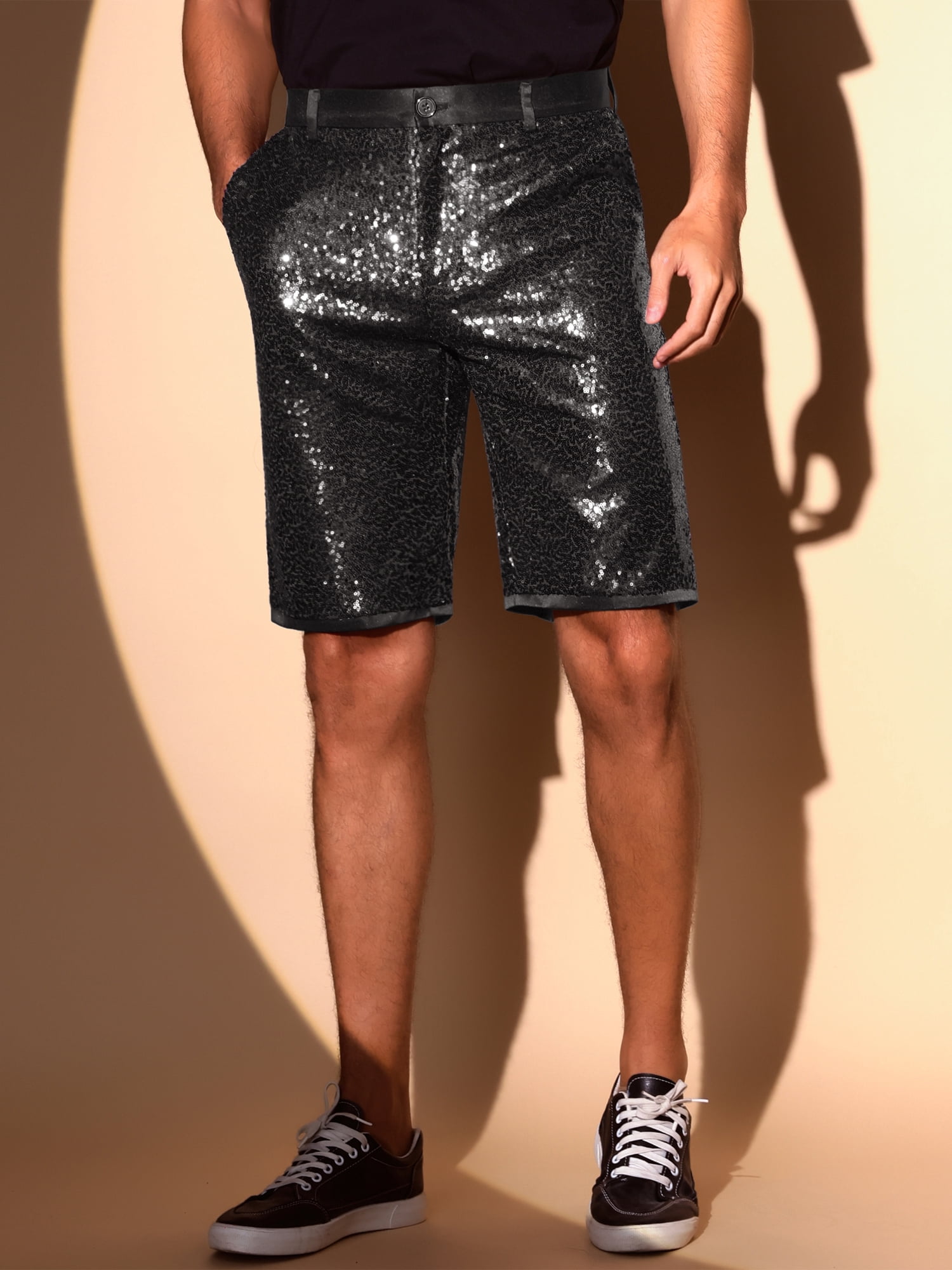 DARING DIVA Men's Sparkly Sequin Shorts Straight Leg Club Rave Metallic Shorts 34 Black