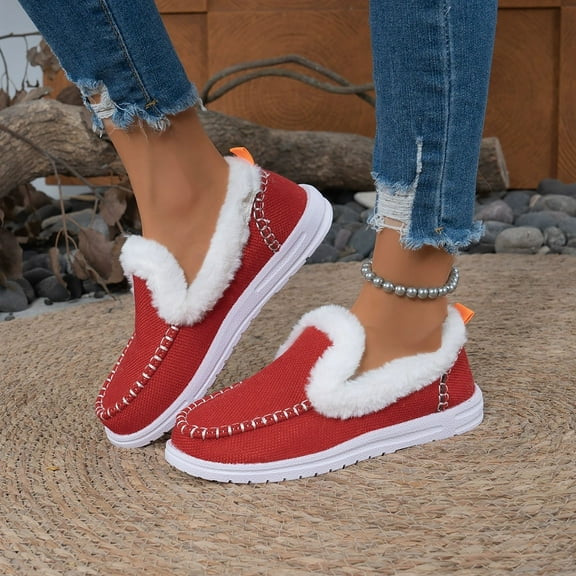 XIMIN Women's Flat Fluffy Snow Boots Ankle Booties Faux Fur Lining Anti-Slip Slip on Loafer Casual Winter Warm Outdoor Cold Weather Plush Short Booties