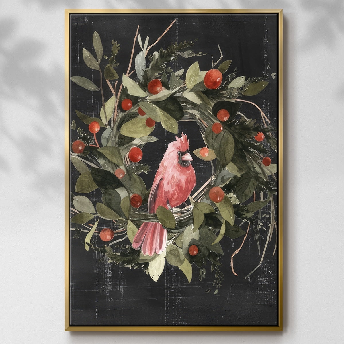 Christmas Cardinal II - Framed Gallery Wrapped Holiday Canvas - 27 x 41 - Gold Frame