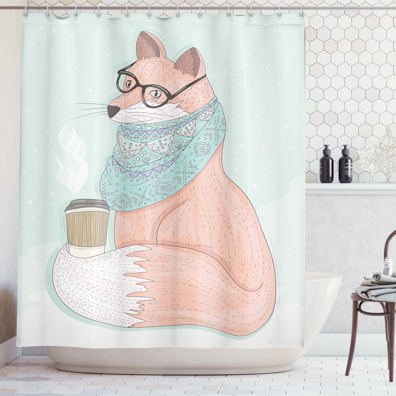 A Fox In Winter Snow Forest Cartoon Bathroom Fabric Shower Curtains & Hooks 