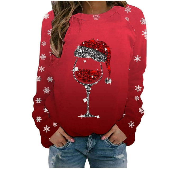 VJATTWR Mes Articles Chandail en Molleton de Noël pour Femmes Automne et Hiver Flocon de Neige Rouge Verre Dégradé Imprimé Col Rond Épaule Manches Longues Décontracté Sport Chandail en Molleton Get it Fast