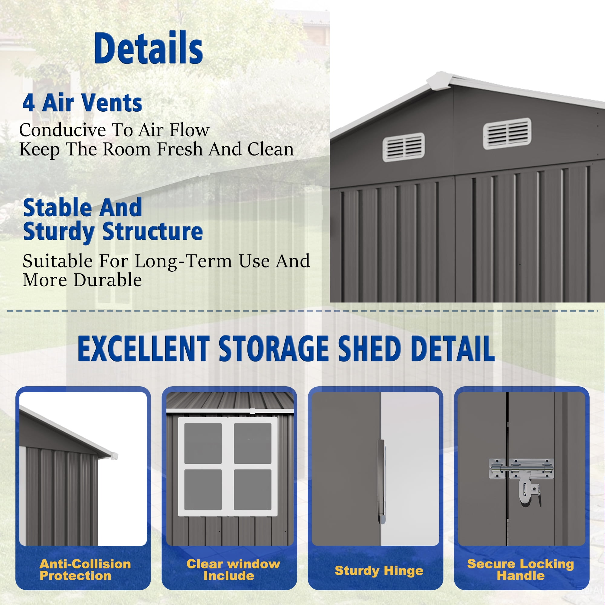 10x8 FT Outdoor Metal Storage Shed with Lockable Double Doors, Clear Window & Air Vent, Large Garden Tool Shed for Lawn Mowers, Bikes, Patio Furniture, Trash Bins, Backyard, Gray