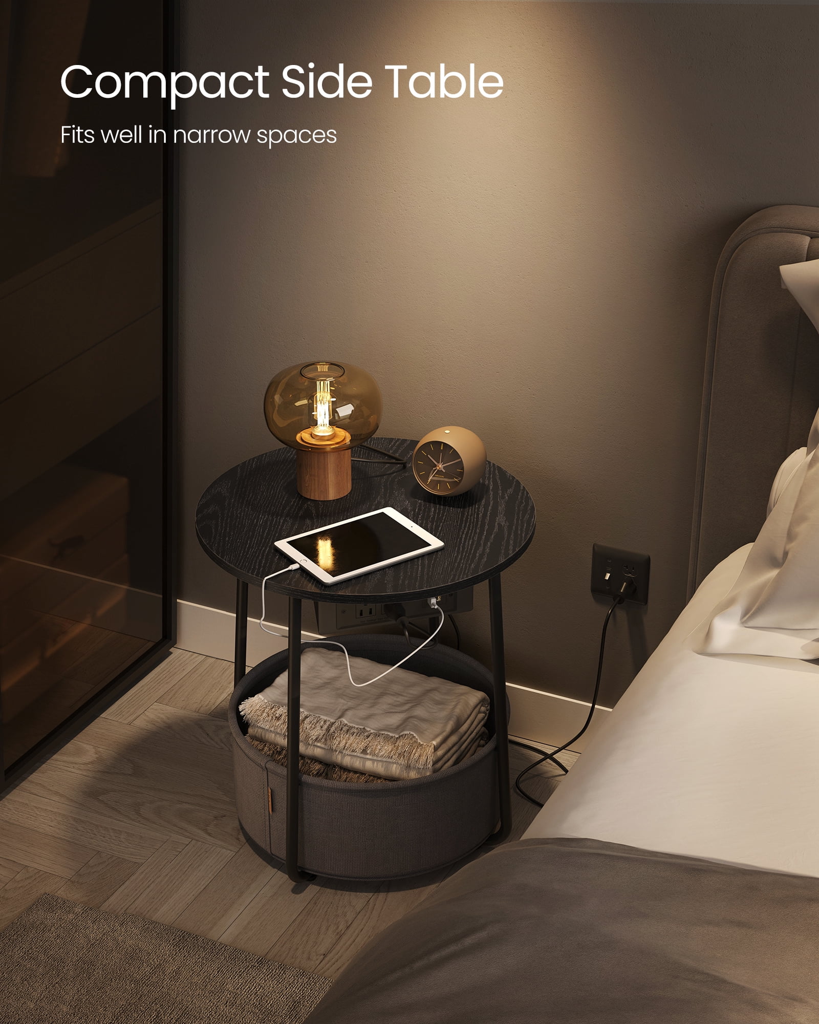 VASAGLE LILEA Collection - Side Table with Charging Station, Round End Table with Fabric Basket, Nightstand with USB Ports, for Living Room, Bedroom, Modern, Ebony Black and Slate Gray