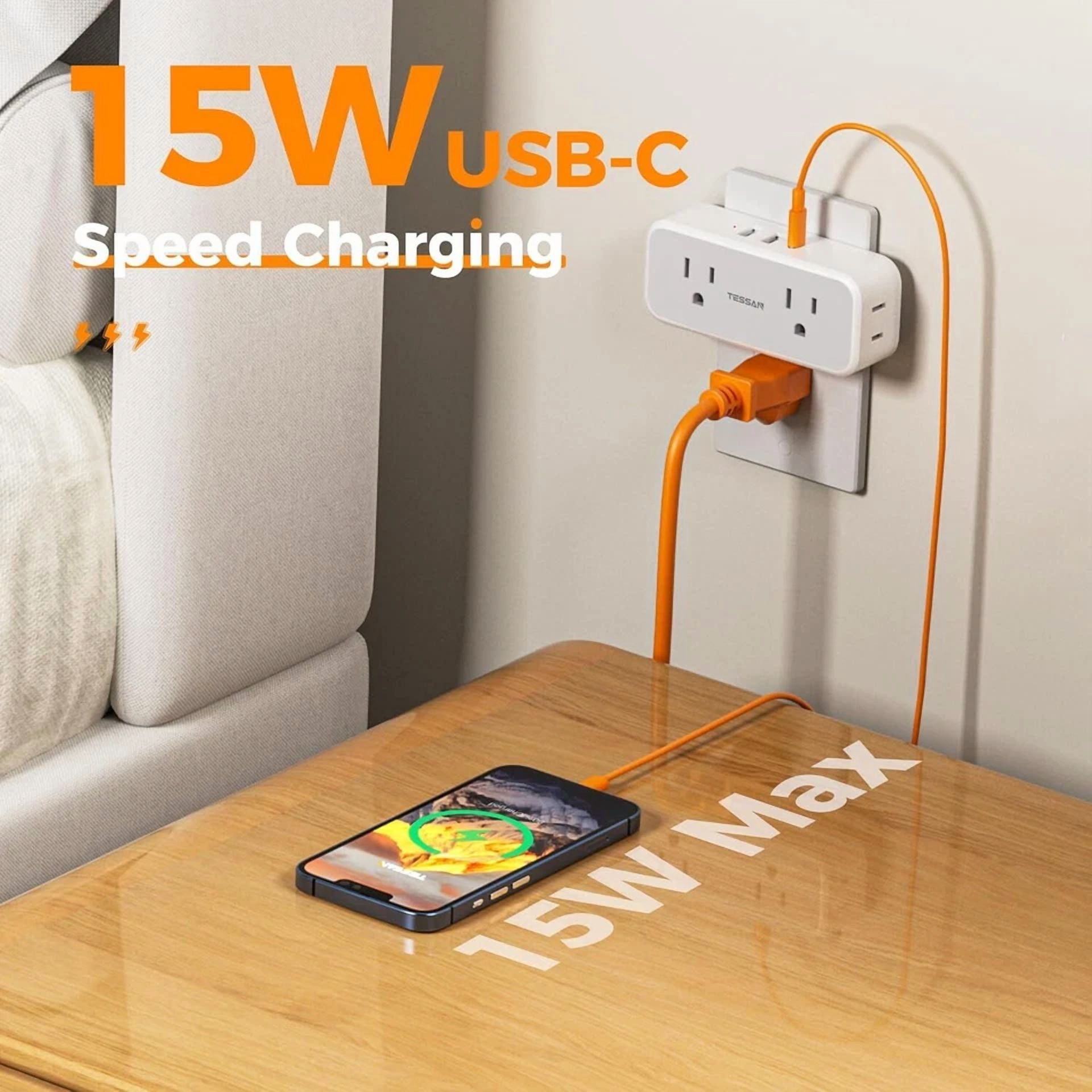 CRESTIN- Wall Outlet Adapter Extender Surge Protector 4 Outlet 3 Usb(1 Usb C) For Home