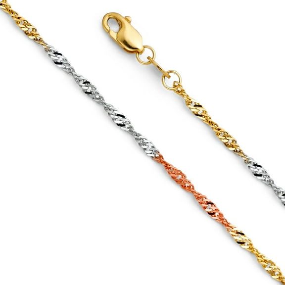 Singapore Necklace Solid 14k Yellow White Rose Gold Chain Twisted Link Tri Tone Fancy, 1.8 mm - 16 inch
