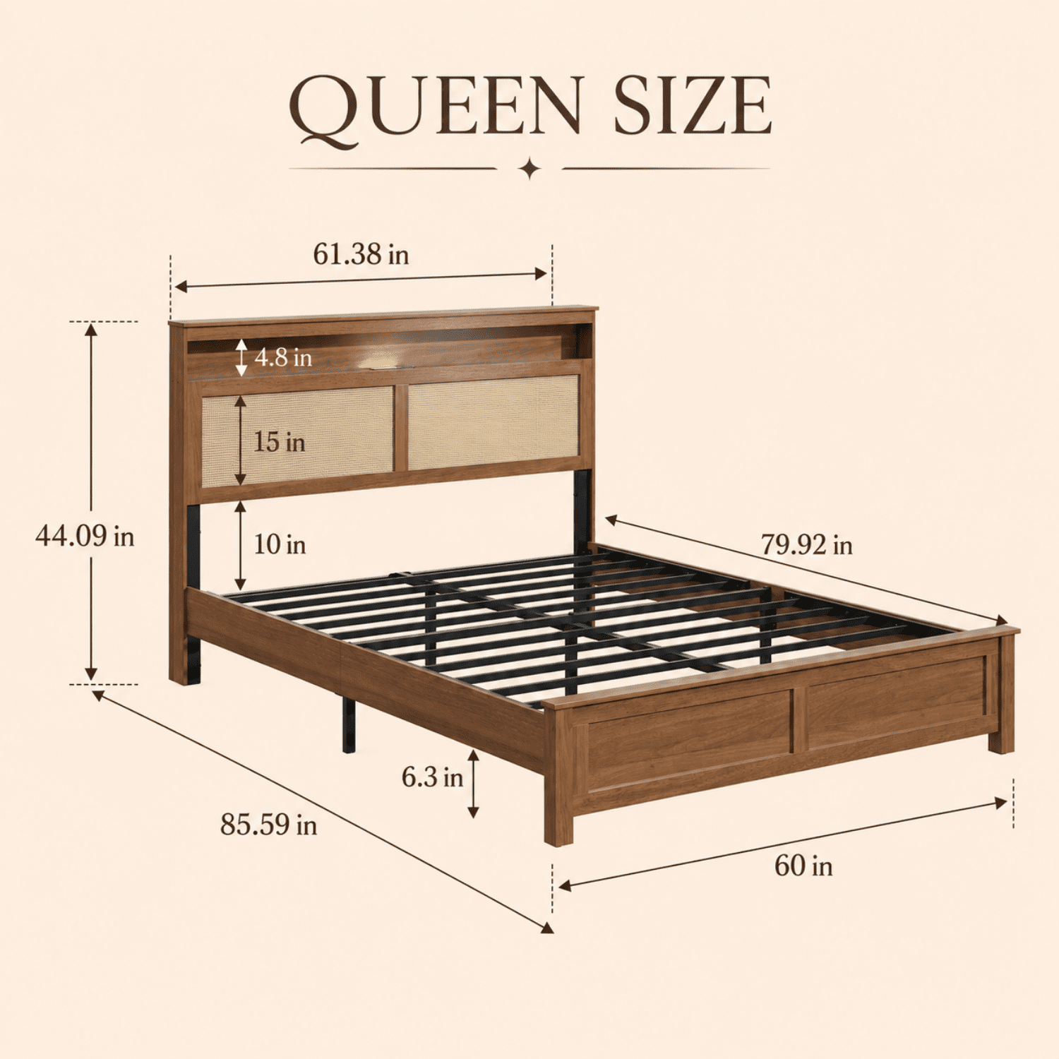 Miniyam Queen Bed Frame with Storage Headboard, LED Light and Charging Station, Cane-Inspired Platform Bed, Brown