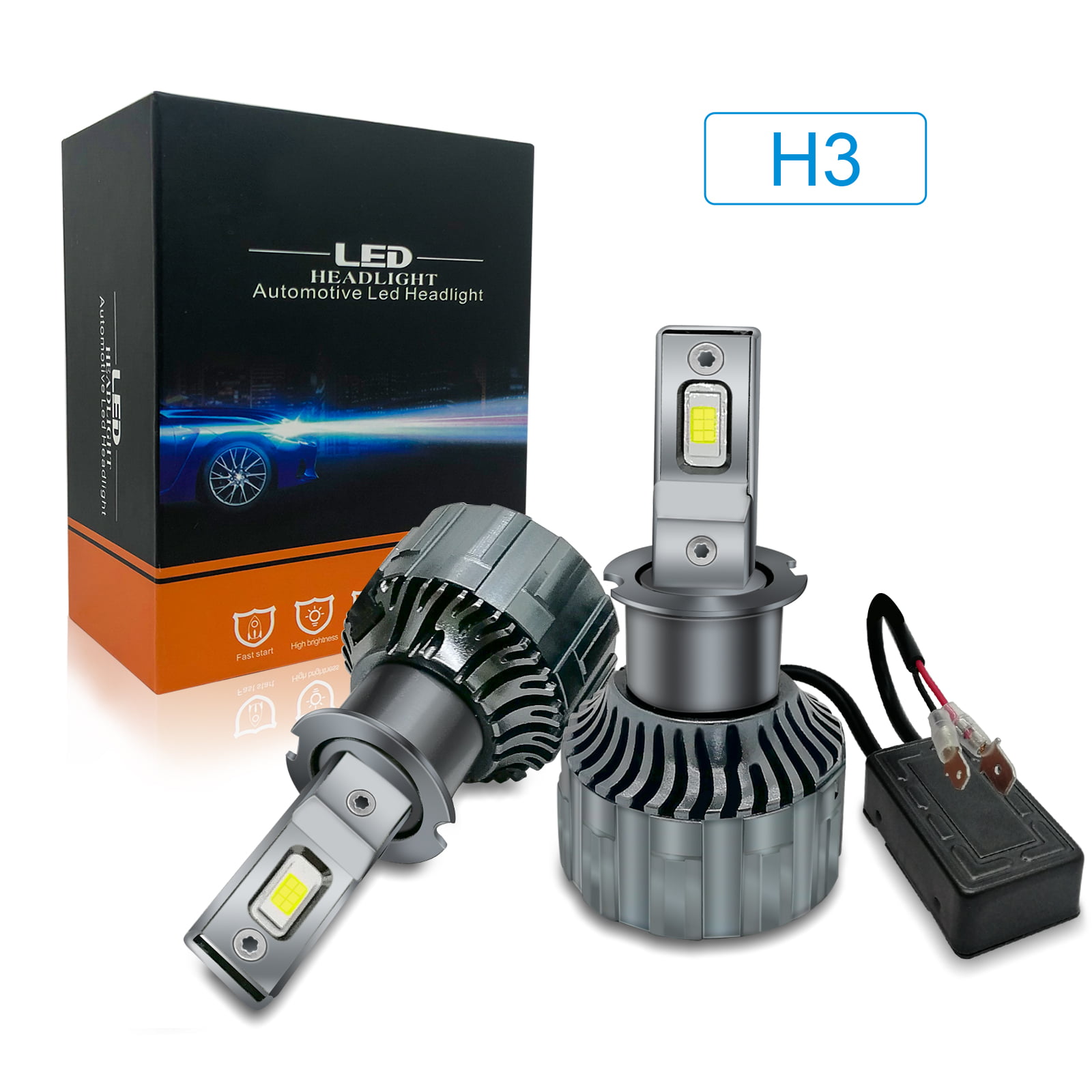 Bauma Auto 2Pcs H3 LED Headlight Bulbs 7000K Cold White 20000LM Beam Car  Head Lamp Light