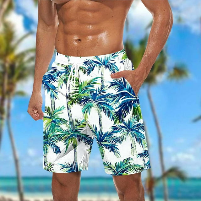 Sentmoon Mens Shorts Elastic Waist Loose 2025 Summer Beach Shorts Drawstring Hawaiian Print Breathable Athletic Shorts with Pockets Athletic for Relaxing at Home Mint Green M
