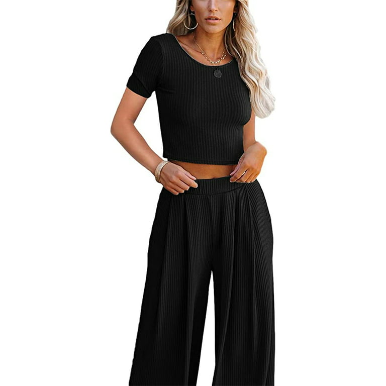 Women's 2 Pieces Long Sleeve Lounge Set Ribbed Crop Top + Palazzo