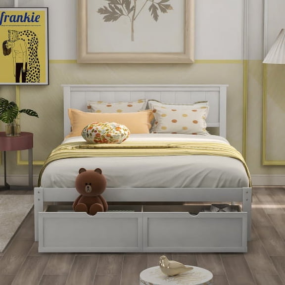 Full Size Platform Bed with Under Bed Drawers, White, Modern Minimalist Wood Storage Bed Frame, Pine & MDF, No Box Spring Needed