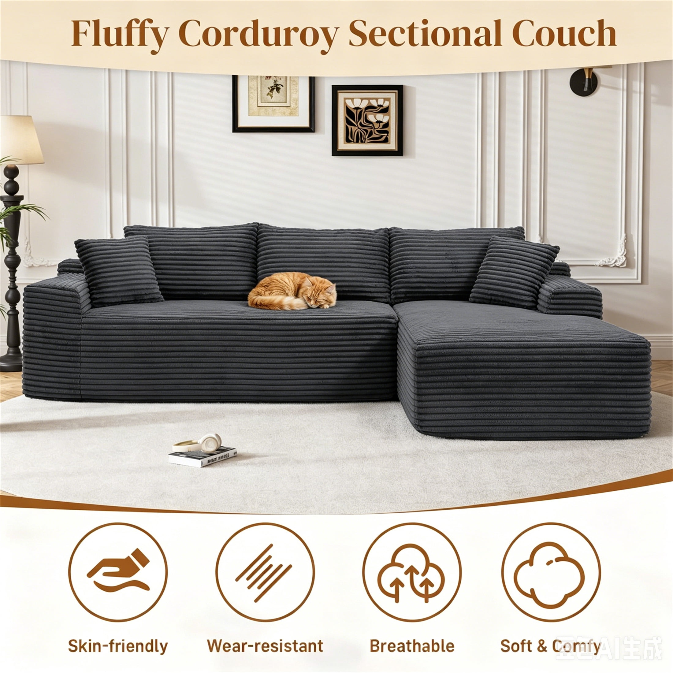 Aukfa 95" Cloud Sectional Sofa Deep Seat Boneless Couch Modular L-Shaped Couch, Right Chaise Corduroy Sofa for Living Room, Dark Gray