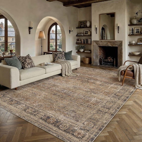 BERTHMEER 5'x7' Area Rugs for Living Room Bedroom Dining Room Kitchen Brown Rugs Non Slip Washable Farmhouse Office Oriental Vintage Distressed Rugs Carpets