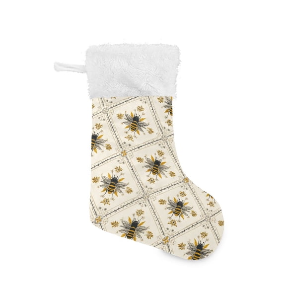 Honey Bee in Squares Repeating Pattern Christmas Stockings Large Capacity 18 inch Gift Bag with Hook Xmas Holiday Decor 1 Pack