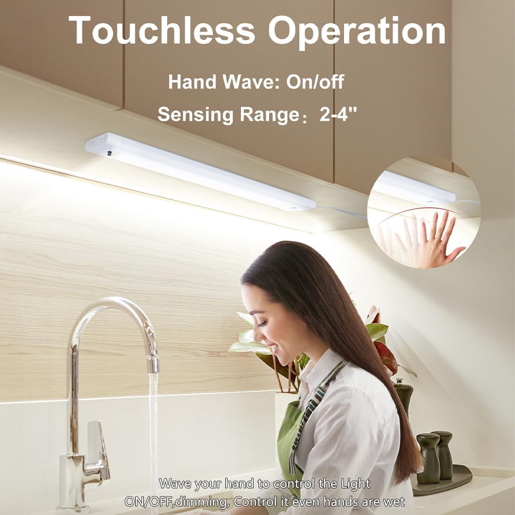 12 Inch Under Cabinet Lights 2 Packs High Brightness Easy Install Plug in, Hand Wave Activated LED Counter for Kitchen Bookshelf 5CCT& Stepless Dimmable Closet Motion Light