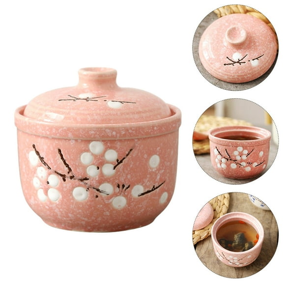 PBPBOX Ceramic Stew Pot With Lid Porcelain Bowl Steam Soup Bowl Steamed Egg Bowl For Egg Custard Medicinal (Pink)