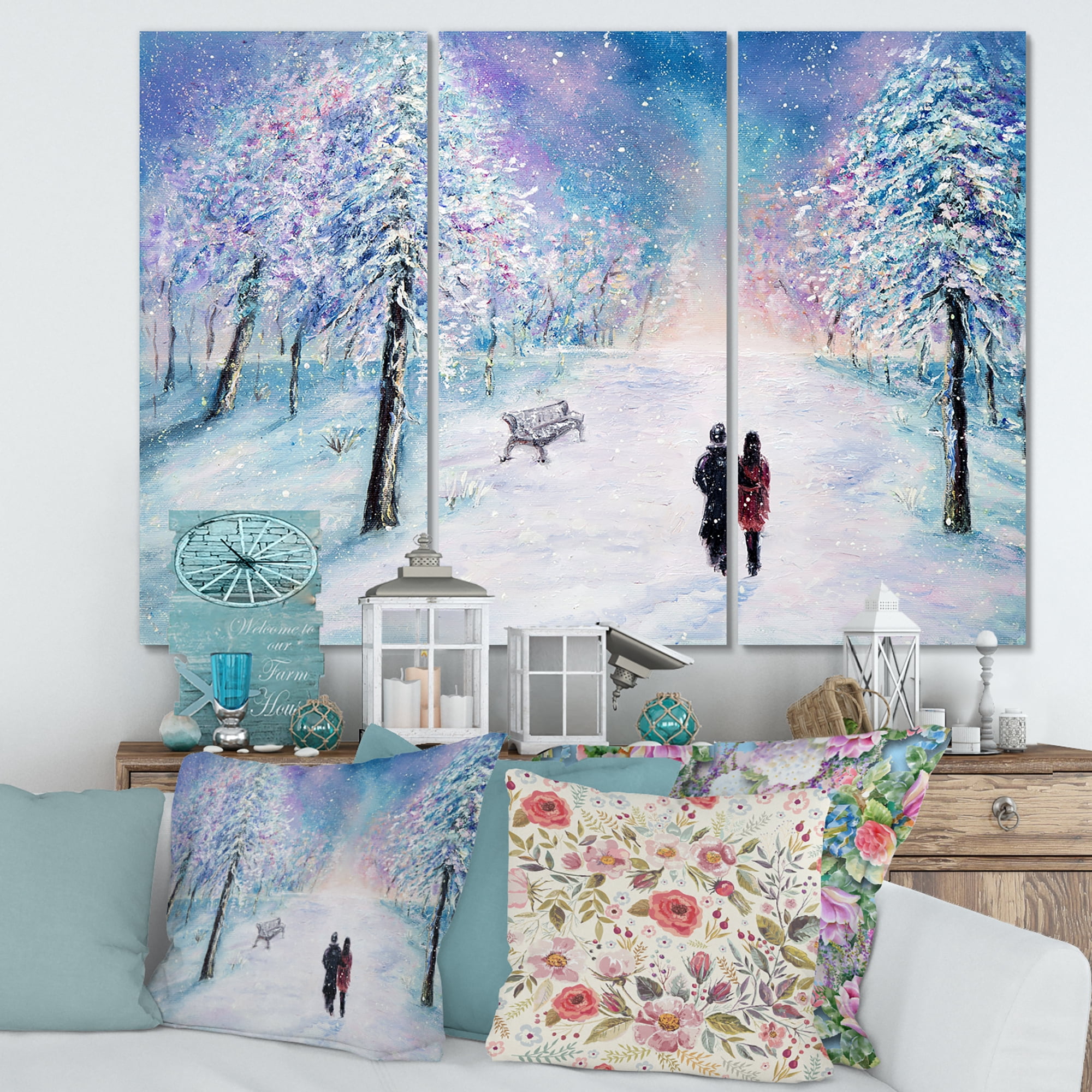 Designart ' Couple In Love Walks During Snowy Winter Times ' Traditional Canvas Wall Art Print