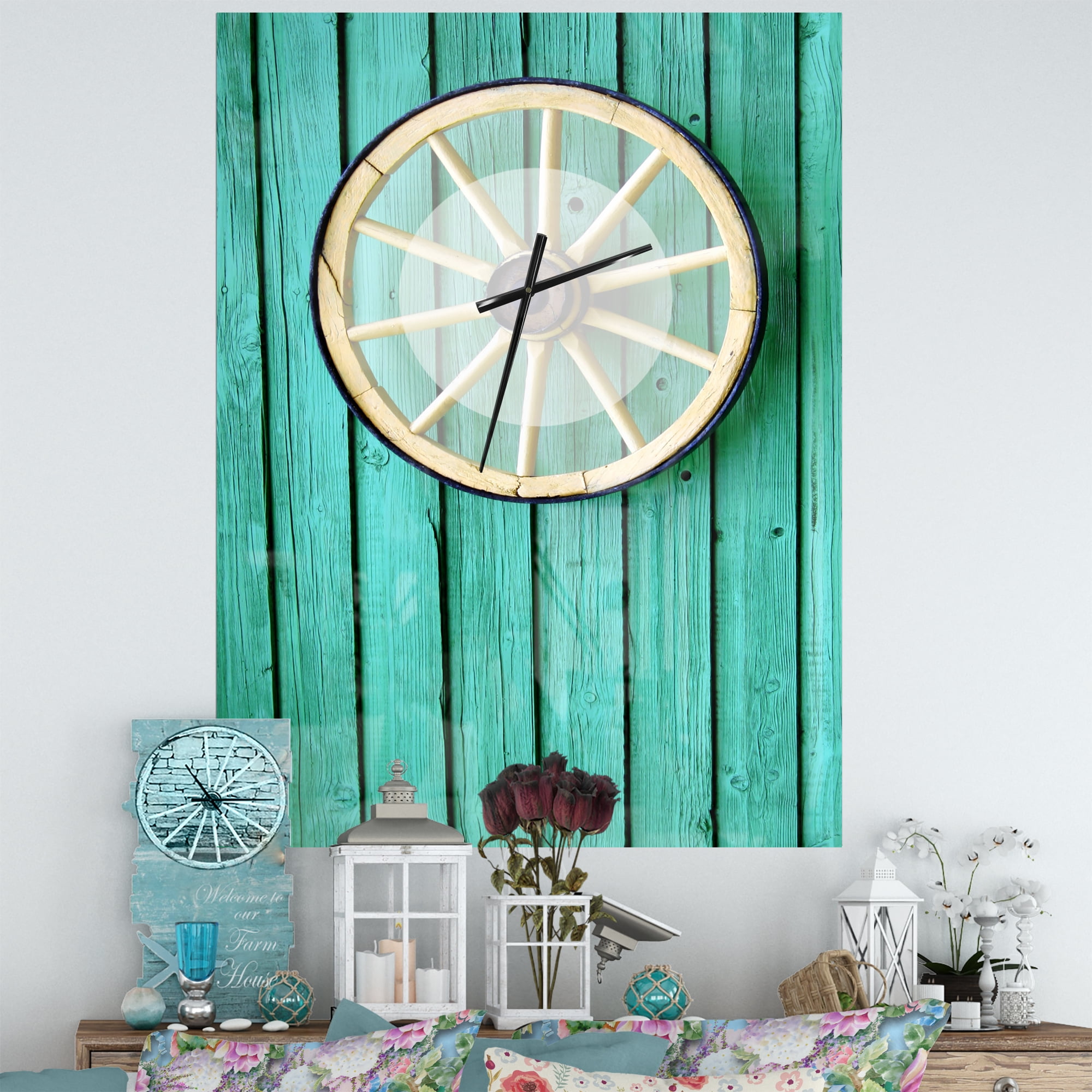 Antique Wagon Wheel on Turquoise Wood' Oversized Farmhouse Metal Clock 30 in. wide x 40 in. high