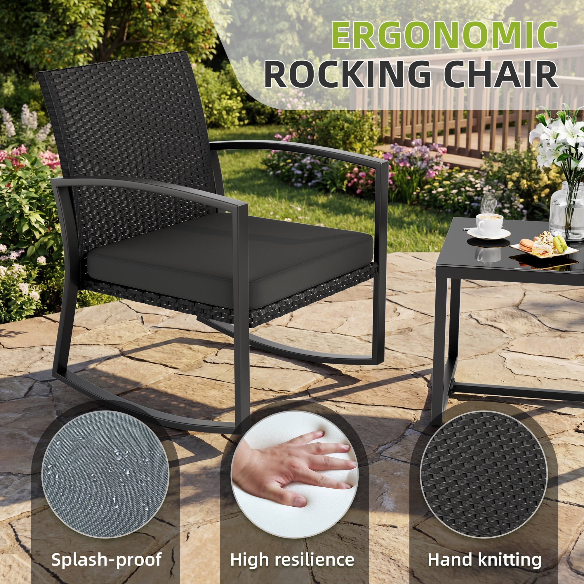JORVIMAX Patio Conversation Set Outdoor Furniture Set Porch Bistro Set Rocking Chairs With Coffee Table Black
