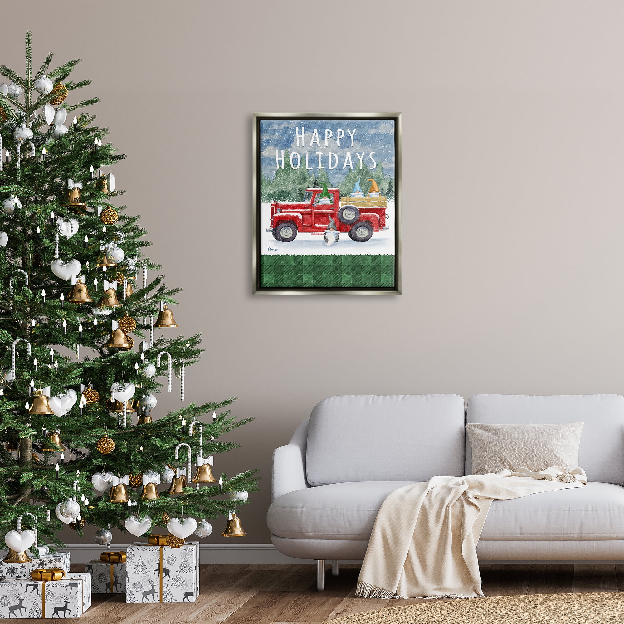 Stupell Industries Happy Holidays Truck Holiday Painting Gray Floater Framed Art Print Wall Art, 25 x 31