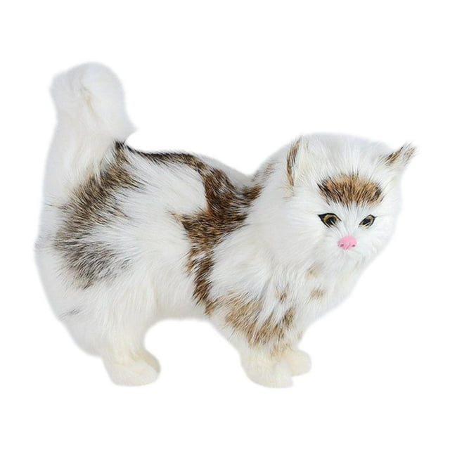 Figura de gato de simulación, modelo de animal de peluche, coleccionable, decorativo, para casa. Blanco Marrón