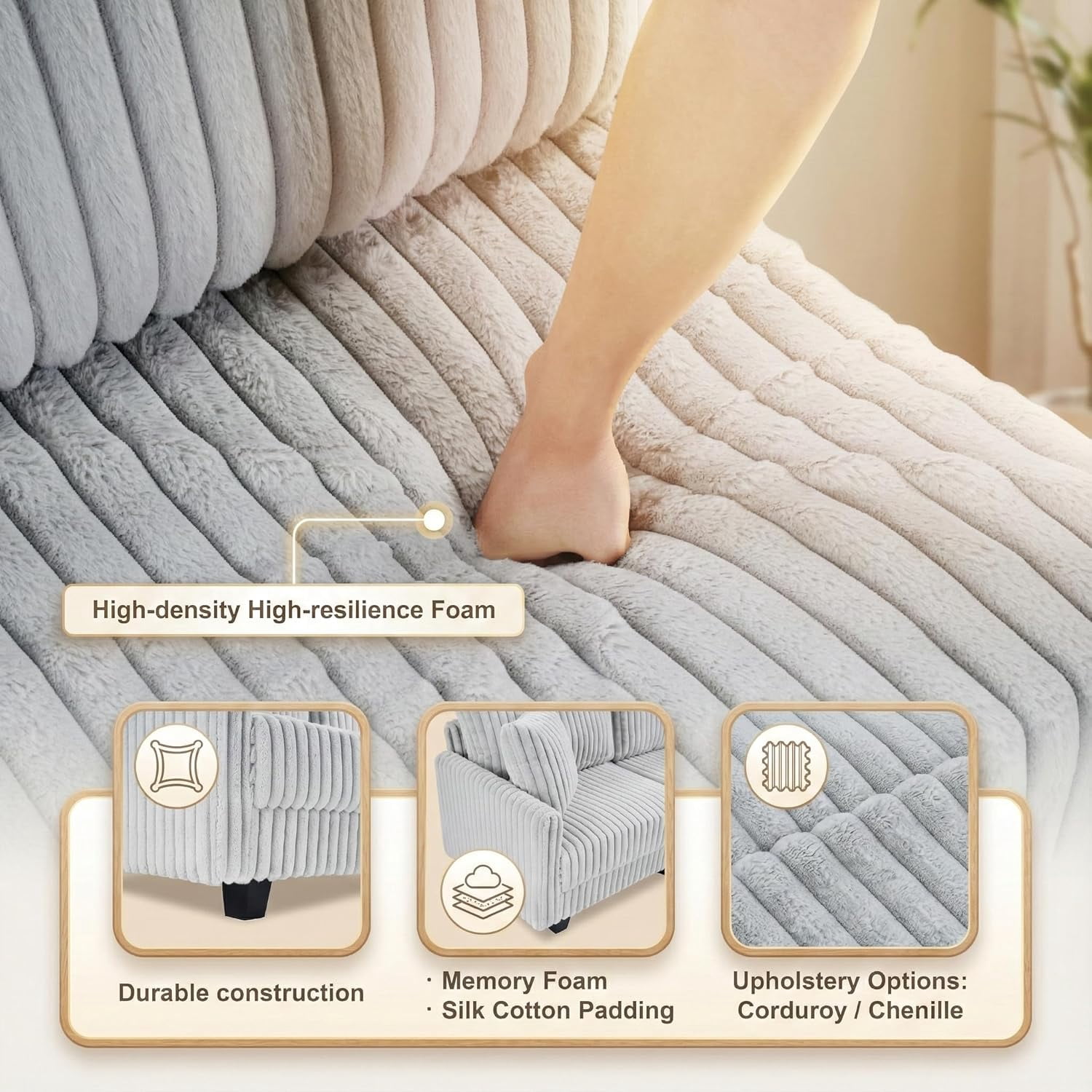Howcool Cloud Couch Modular Sectional Sofa 3 Seat 100" L Shaped Convertible Couch Corduroy Thick Cushion with Ottoman, Removable & Washable Cover for Living Room，Grey