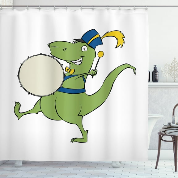 Drums Shower Curtain, A Marching Green Dinosaur Smiling and Performing Happily Cartoon Style Pattern, Fabric Bathroom Set with Hooks, 69W X 75L Inches Long, White Blue Yellow, by Ambesonne