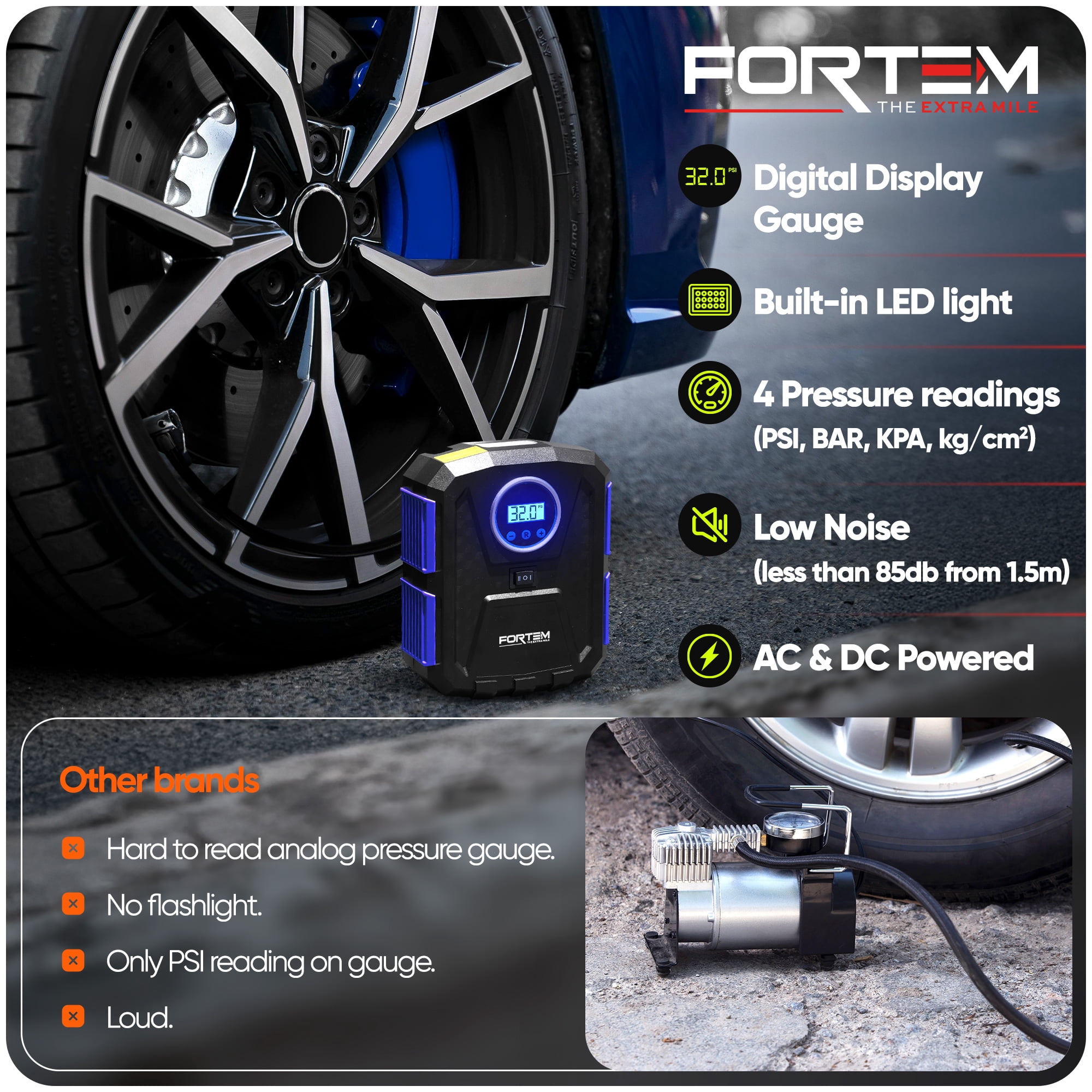 FORTEM Tire Inflator 150 PSI, Bike Pump, 112V AC 12V DC Air Pump for Car Tires, Digital Tire Pressure Gauge w/Auto Pump/Shut Off, Carrying Case (Blue)