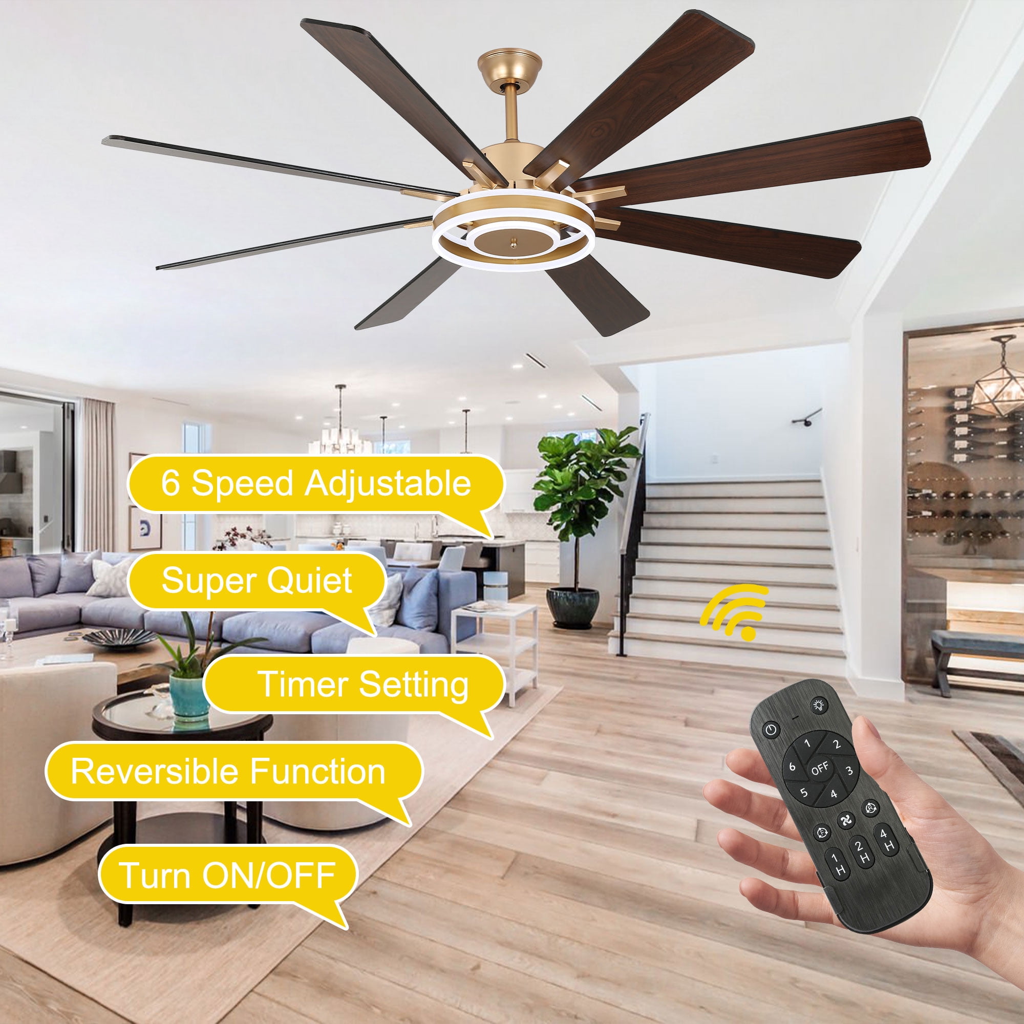Chords Attic 72" Reversible 8-Blade Ceiling Fan with LED Lights, Remote 3-Color, 6-Speed and Timer