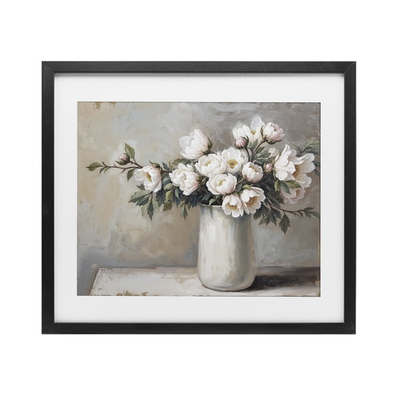 White Flowers in Vase Still Life Black Framed Print Under Glass, design by Lettered and Lined
