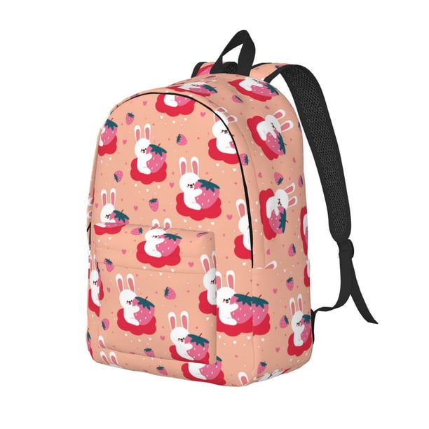 Balery Bunny And Strawberry Mochila Clásica Impresa Básica para Viaje, Mochila Escolar Resistente al Agua, Mochila de Lona con Correas Ajustables-Small