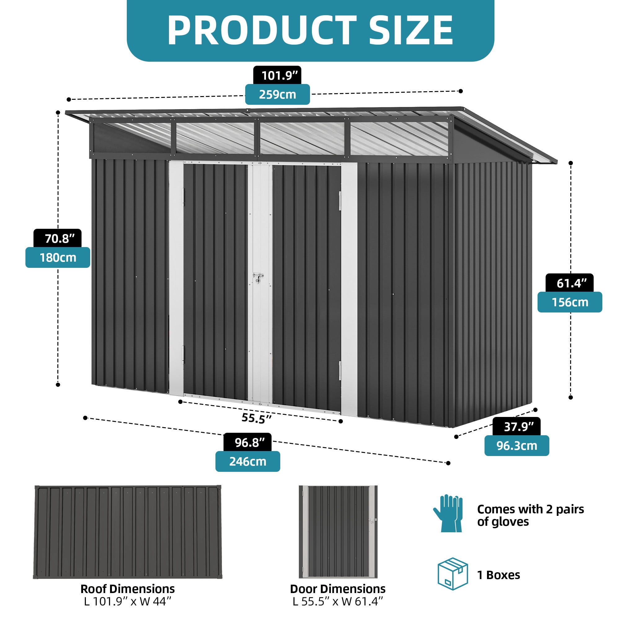 Uforic 9 x 4 FT Outdoor Storage Shed, Weather Resistant Metal Tool Shed with Acrylic Windows and Lockable Door, Multi-Functional Storage Shelter for Bikes Tools Waste Outdoor Patio Garden, Dark Gray
