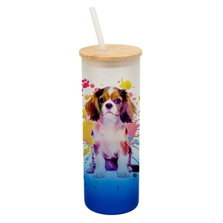

100 North 25 Ounce Frosted Glass Gradient Travel Tumbler With Straw & Wooden Lid King Charles Spaniel Paint Splatter Navy Blue