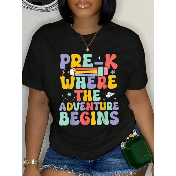 Pre-k Where The Adventure Begins First Day of Prek Groovy T-Shirt Graphic Tee summer Tops For Women Round Neck Fashion Cotton shirts
