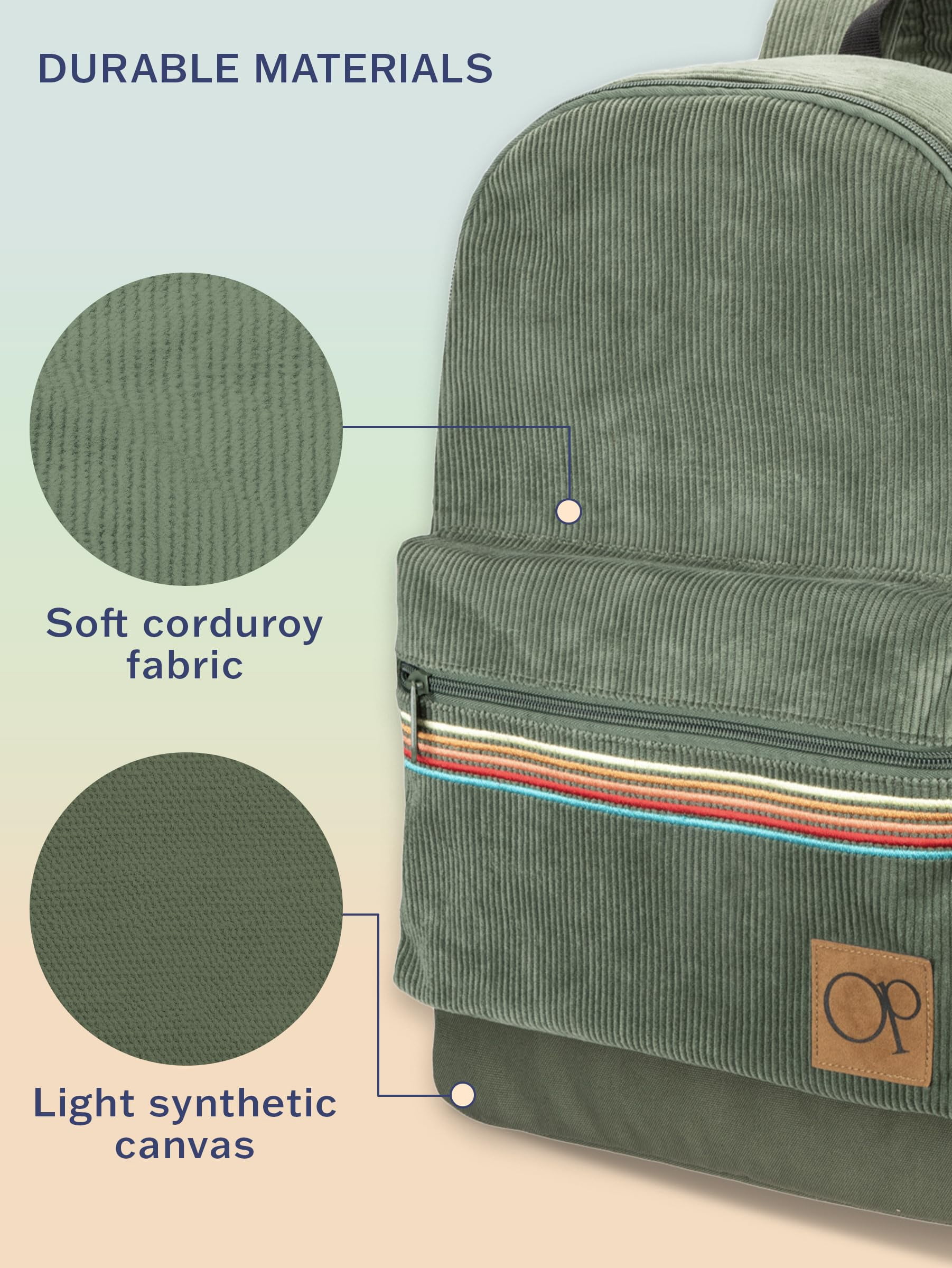 Ocean Pacific OG Corduroy Backpack for Travel, Waterproof College Fits 15.6” Laptop, Adults, Olive