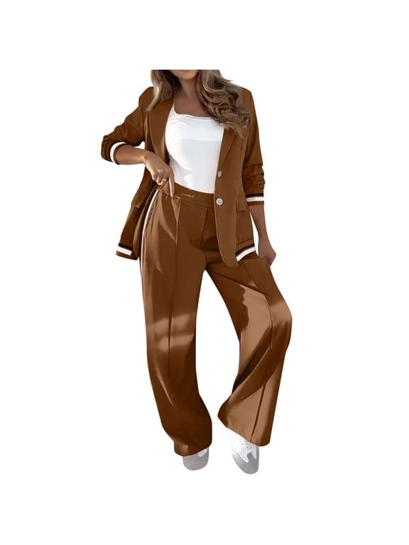Women's Sets Oversized Blazer Jacket with Wide Leg Pants Long Sleeve Notch Lapel Button Down Suit Jacket Spring Fall Casual 2 Piece Outfits Brown L