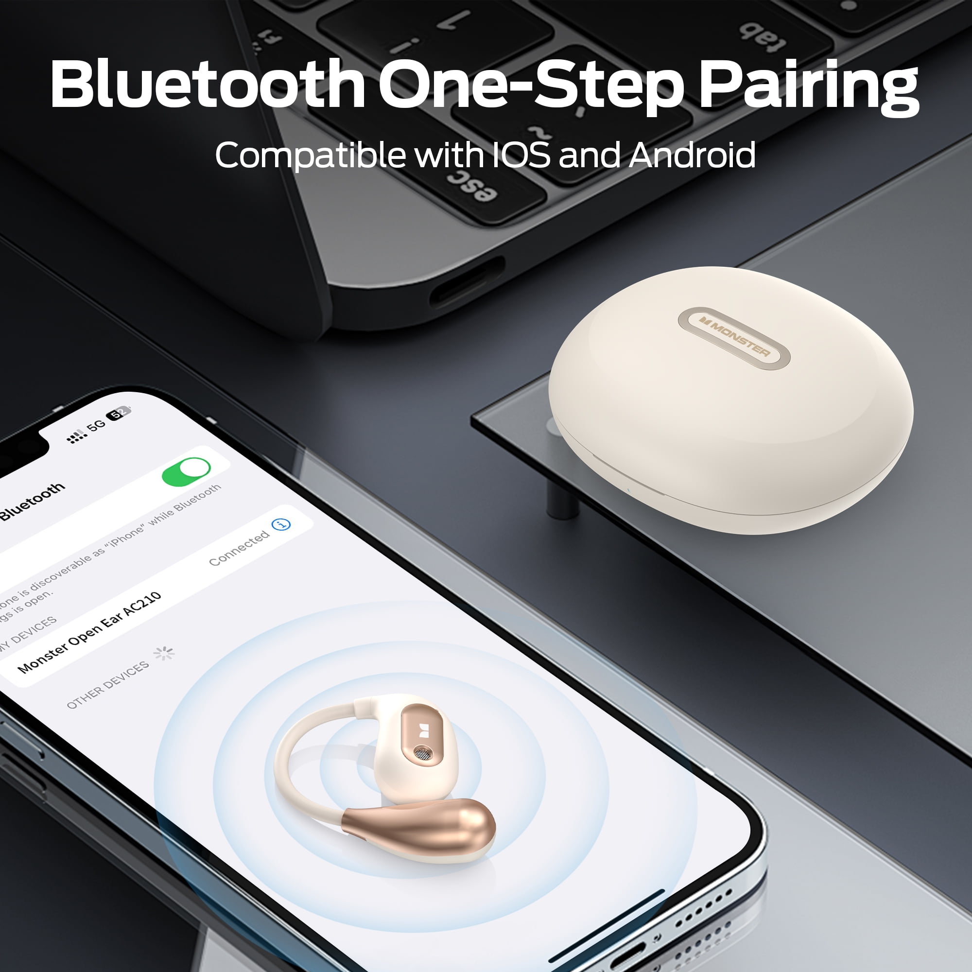 Monster Open Ear Headphones, Bluetooth 5.4 Earphones Stereo Sound, Wireless Headphones 30 Hours Playback, Type-C Charging, HD Clear Calls, Touch Control, IPX5 Waterproof Open Ear Earbuds
