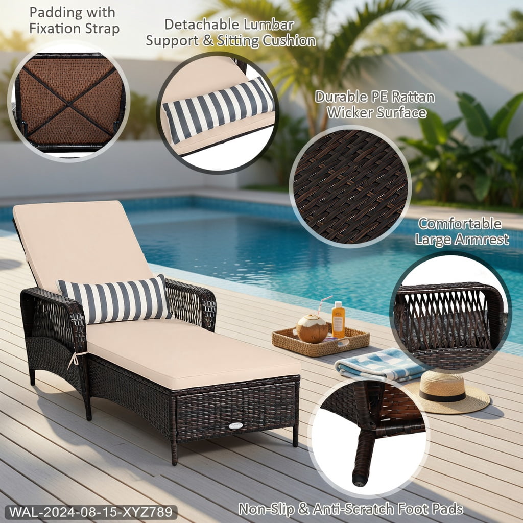Hommoo Adjustable Outdoor Wicker Chaise Lounge Chair with Weather-Resistant PE Rattan, Cushion & Lumbar Pillow, Patio Recliner for Poolside, Balcony & Garden, Brown