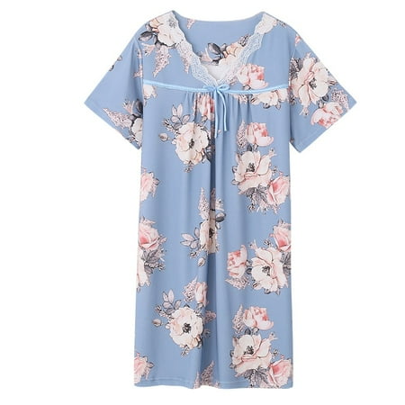 Women's Nightdress Cotton Lace Short Sleeve Sleep Nightgown Soft
