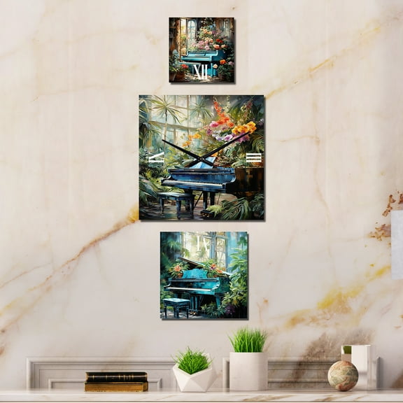 Designart "Tropical Serenade on the Piano" Music Oversized Wall Clock - Set Of 3 - Extra large Traditional Clock For Office Décor - Large Vertical Clock