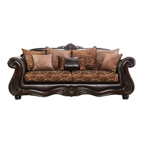 Furniture of America Eduard Traditional Faux Leather Cushioned Sofa in Brown