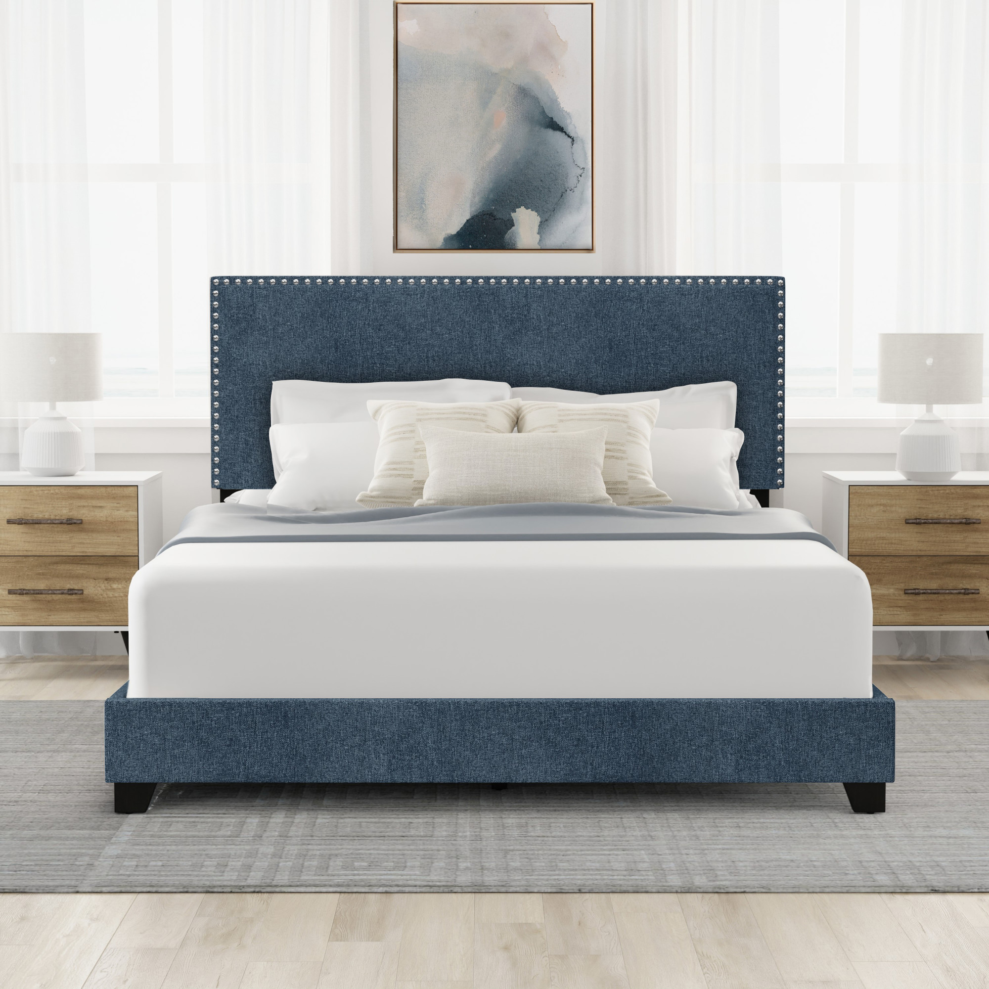 Willow Nailhead Trim Upholstered Queen Bed, Denim Fabric - image 3 of 17