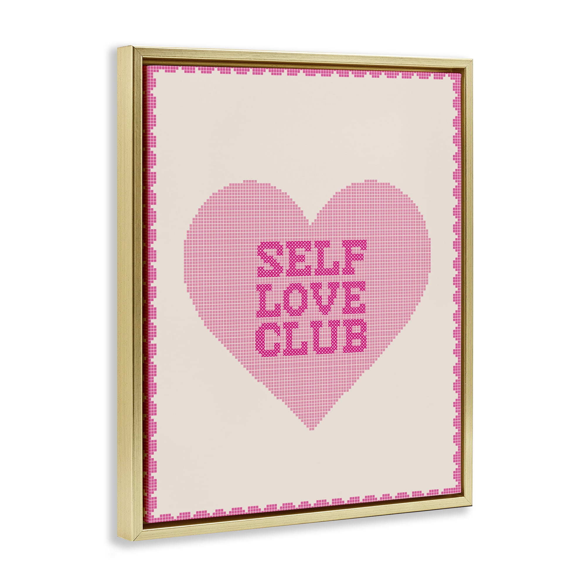 Stupell Industries Self Love Club Pixel Heart Gold Framed Floater Canvas Wall Art, design by Lil' Rue
