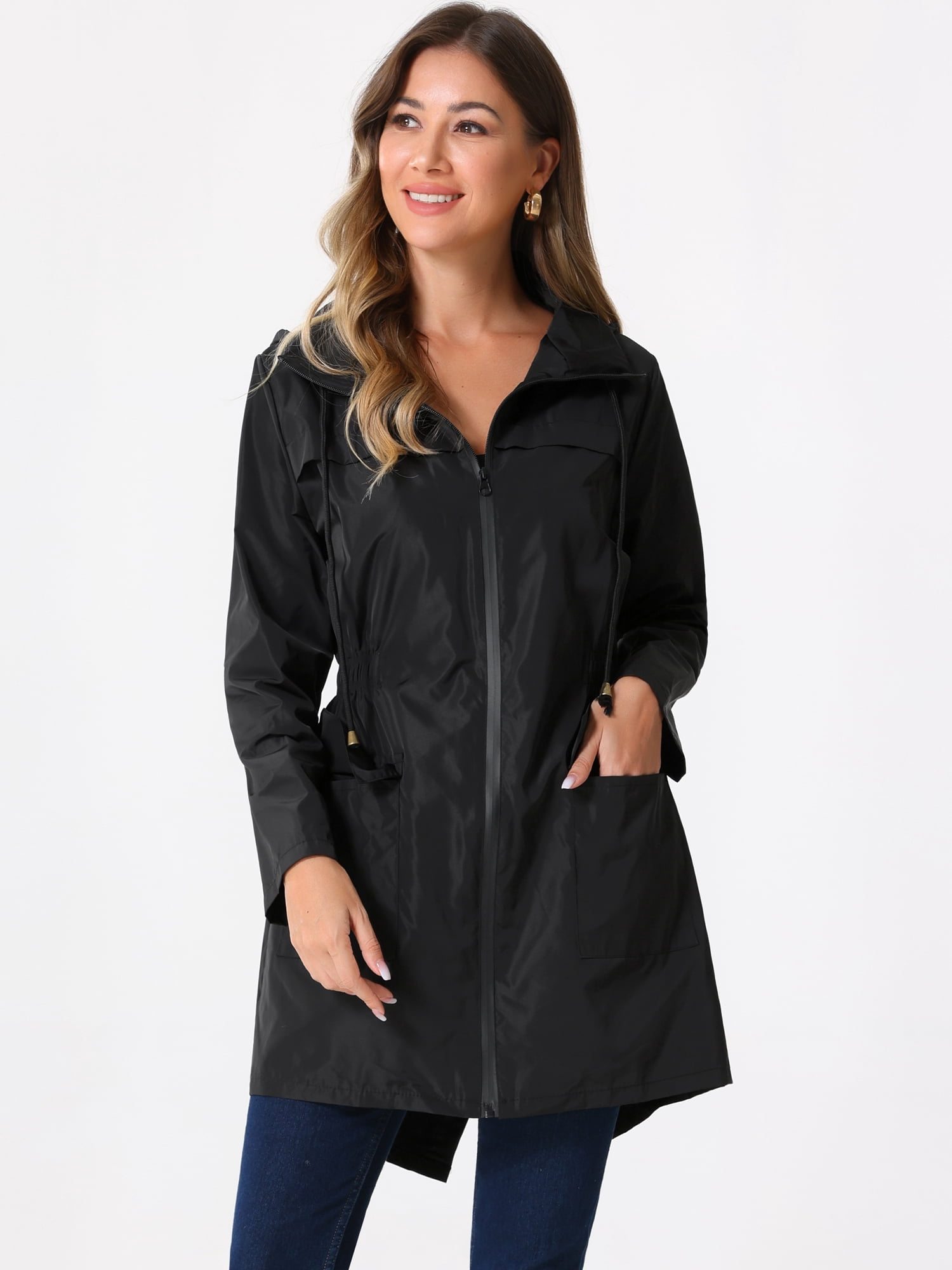 DARING DIVA Windbreaker Trench Coat Hooded Waterproof Jacket M Black
