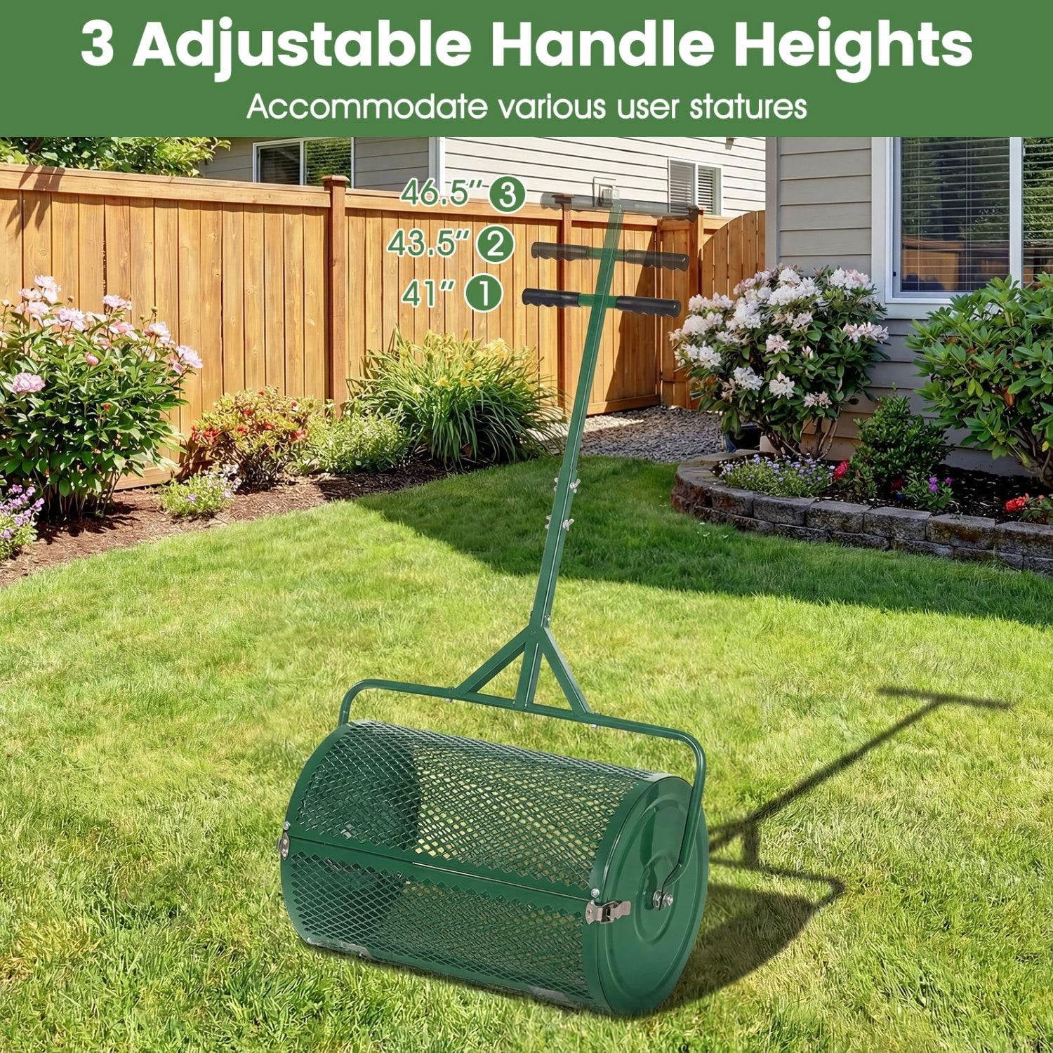 Resenkos 24 Inch Heavy Duty Peat Moss Spreader Roller, Height Adjustable T Handle Lawn Compost Spreader for Topsoil Sand and Lawn Care, Green