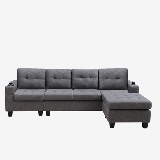 Cosmic Homes Bexen 2-Piece Reversible Sectional Sofa, Fabric Upholstery, Grey Couch with Cup Holder