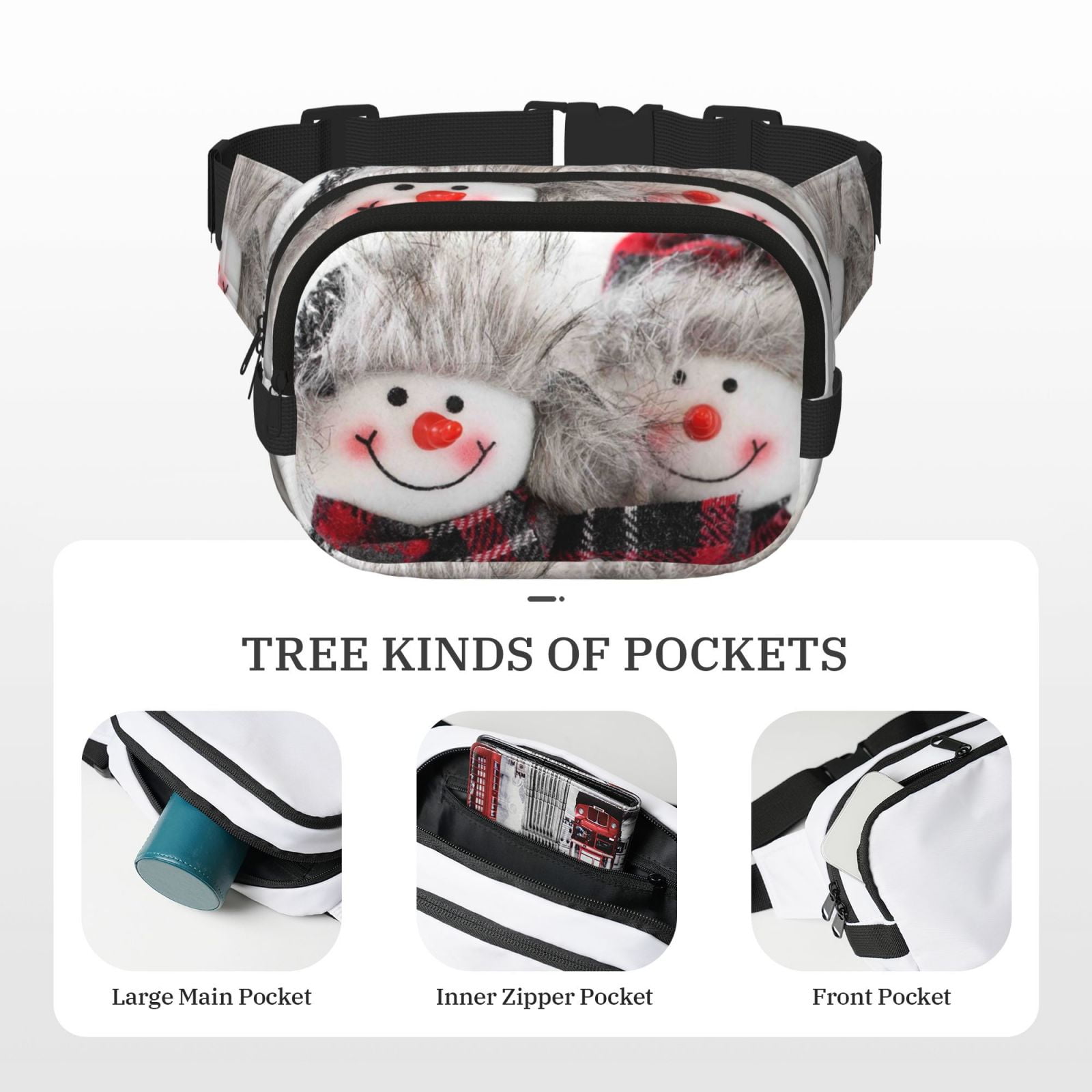 Hirioo Christmas Snowman With Hat for Double Layer Waist Bag Adjustable Fanny Pack For Travel Running Hiking