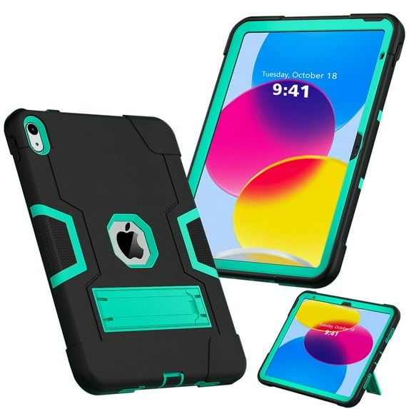SaniMore Hybird Case for iPad 10th Generation 10.9" 2022, Rugged Heavy Duty Protective Case Hidden Kickstand Dual Angle Stand Shockproof Anti-drop for iPad 10th Generation 2022, Black+Mint
