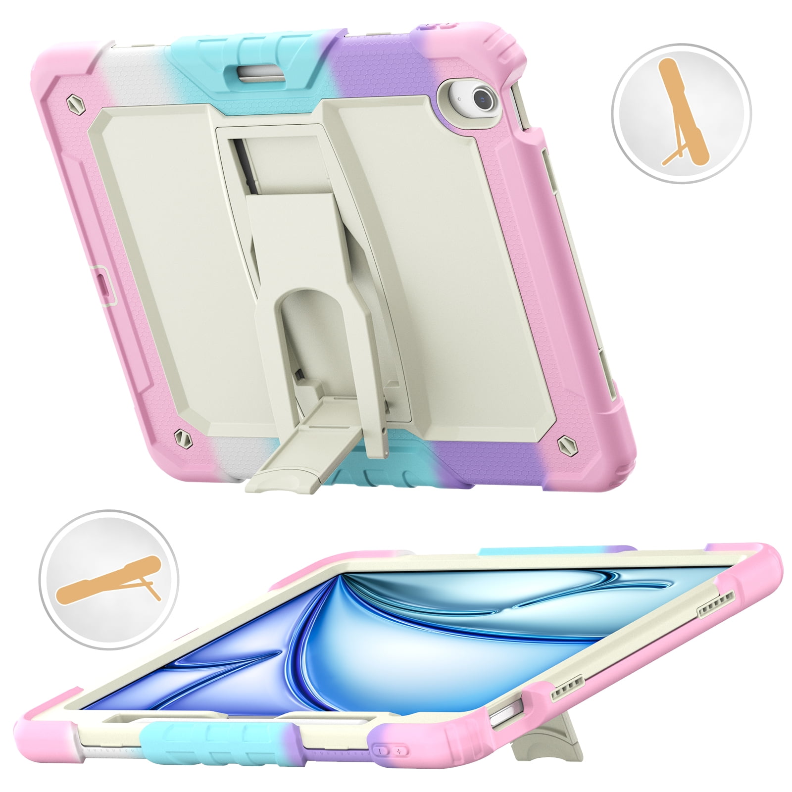Rugged Case For Apple iPad Air 13 (2024) – 3-Layer Protection Shockproof Stand Cover with Screen Protector, Adjustable Stand, Shoulder Strap, & Pencil Holder -- Colorful Pink